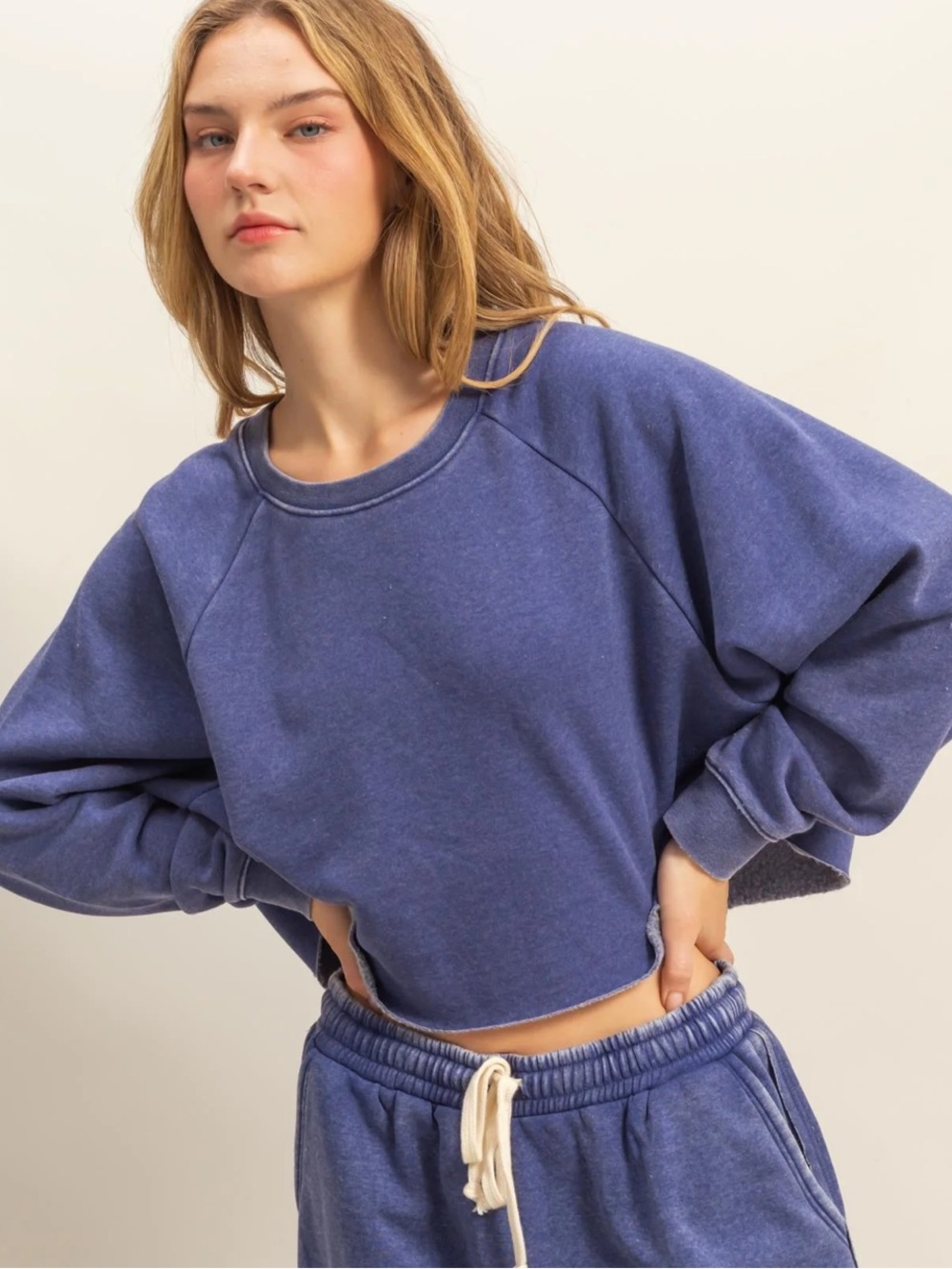 Double Zero Dusty Indigo Blue Laid Back Crop Sweatshirt